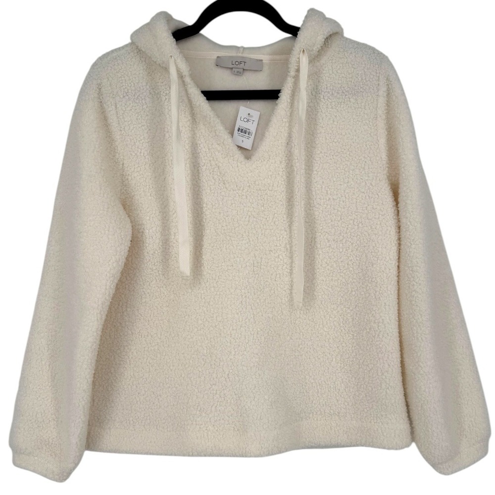 NWT LOFT V-Neck Sherpa Hoodie Ivory Pullover Sweater Top Size Small Cozy Lounge‎ - Picture 5 of 14